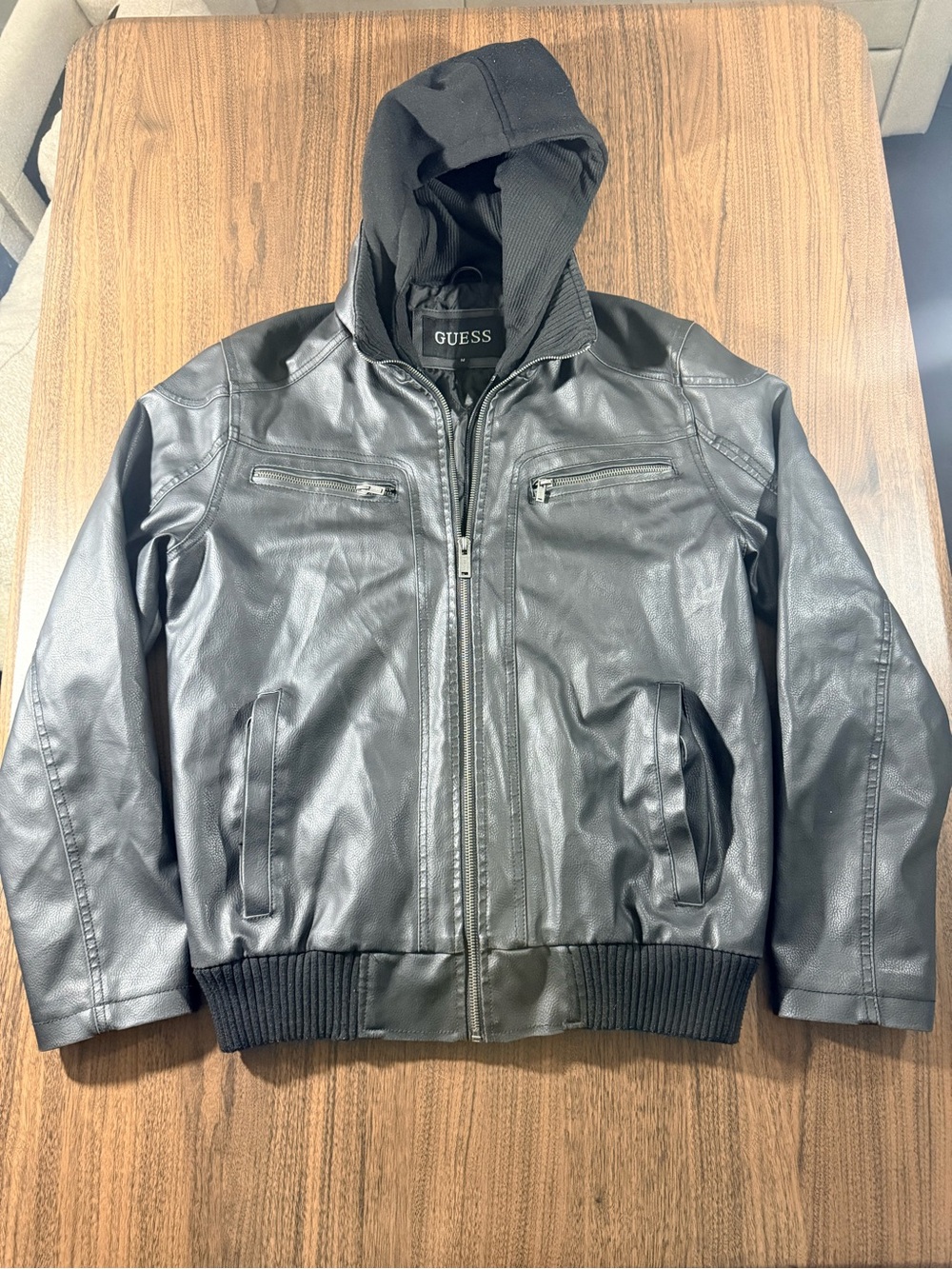 GUESS Men’s Black Faux Leather Hooded Bomber Jacket